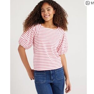 Casual Striped Short Sleeve Top - Red with Balloon Sleeves Size M